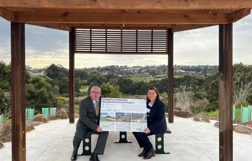 City of Ballarat Mayor Cr Des Hudson with Member for Wendouree, Juliana Addison MP, at the new viewing area and shelter in Orion Street, Sebastopol.