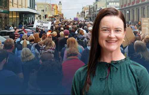 Image of Mayor Cr Tracey Hargreaves in front of a crowd at the Walk Against Gender-based violence in Ballarat