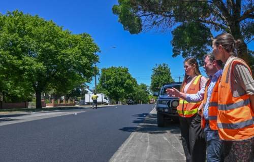 Cr Tess Morgan with City of Ballarat staff inspect road resurfacing works