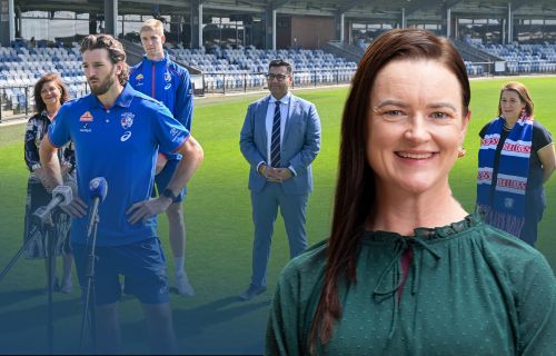 Portrait of Mayor Cr Tracey Hargreaves in front of an image of Cr Sam McIntosh, Western Bulldog Marcus Bontempelli, Western Bulldog Tim English, Western Bulldogs CEO Ameet Bains, and Member for Wendouree Juliana Addison at the announcement of Western Bulldogs partnership extension at Mars Stadium