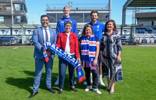 Western Bulldogs CEO Ameet Bains, players Tim English and Marcus Bontempelli, Member for Eureka Michaela Settle, Member for Wendouree Juliana Addison, and City of Ballarat Central Ward Councillor Samantha McIntosh.