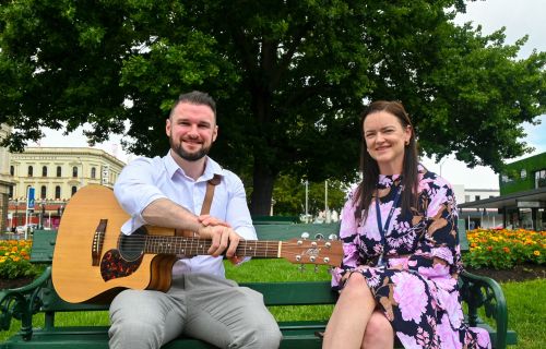 Australia Day Picnic in the Park acoustic artist, Travis McCarthy with City of Ballarat Mayor, Cr Tracey Hargreaves.