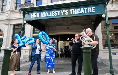 City of Ballarat Mayor Cr Tracey Hargreaves, ‘Birthday Party’ Director Ian Pidd and City of Ballarat Manager of Cultural Venues Kristy Witmitz with members of the Ballarat City Brass Band.