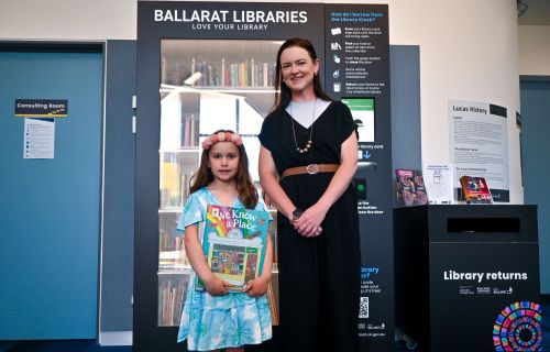 City of Ballarat Mayor, Cr Tracey Hargreaves with Lucas resident Isabella Costanzo at the Lucas Community Hub library kiosk.