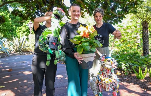 City of Ballarat Mayor, Cr Tracey Hargreaves with some of the Begonia Festival trash puppets.