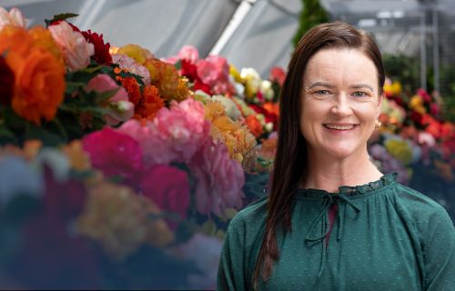 Image of Mayor Cr Tracey Hargreaves in front of a begonia flower display