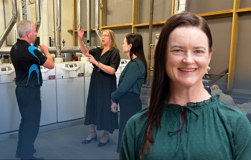 Image of Mayor Cr Tracey Hargreaves in front of the BALC heat pump system.