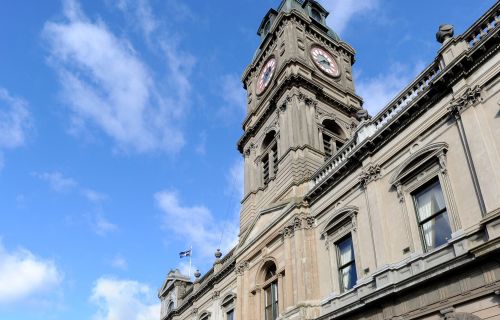 Exterior shot of Town Hall building looking up from street level