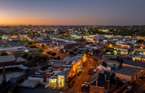 An aerial image of Main Road, Bakery Hill in the early evening. 