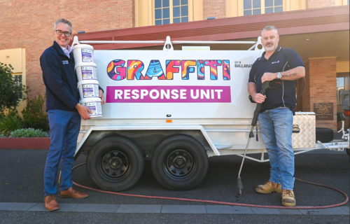 City of Ballarat Deputy Mayor Cr Ben Taylor and City of Ballarat Facility Maintenance Supervisor Justin Trevorrow with the Graffiti Response Unit trailer