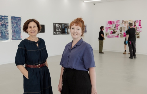 A photo taken inside the Art Gallery of Ballarat's new Backspace Gallery, with Assistant Director - Curatorial Jacqueline Doughty and Curator Emily Wakeling