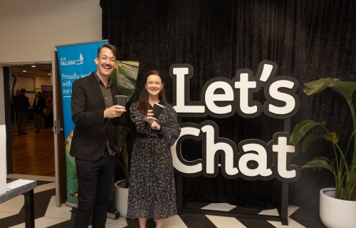 Cr Morrison and Cr Hargreaves in the foyer at Civic Hall holding coffee cups