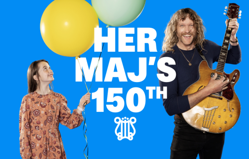 image of young lady with balloon and a man playing guitar with the text: Her Maj's 150th