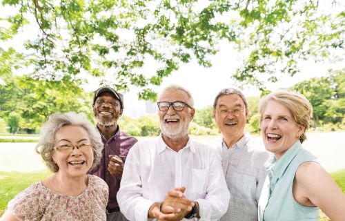 Image of older group of five people out under some trees taking a selfie