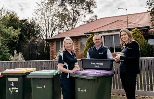 City of Ballarat Coordinator Circular Economy Siobhan Dent, Executive Manager Waste and Environment Les Stokes and Circular Economy Project Officer Michelle Huie with the range of kerbside collection options being considered under the new four-stream system.
