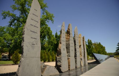 Image of Australian Ex-Prisoners of War Memorial with granite memorial plaques with names of countries and ex-prisoners of war