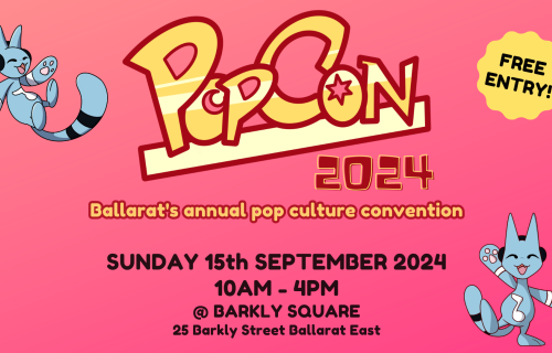 A graphic image that says 'PopCon' in big yellow writing with a pink background, and includes details about the event underneath. 