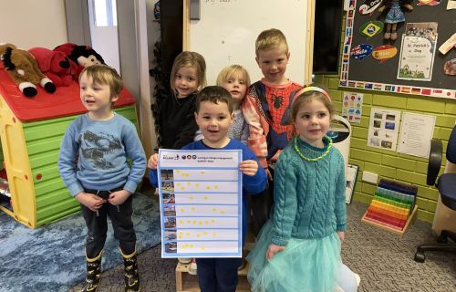 Image of kindergarten kids holding up their engagement responses on a piece of paper. The Cardigan Village Reserve engagement included speaking to children at the local kindergarten to see what they would like out of the reserve upgrade.