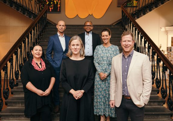 Six of the We Are Ballarat Ambassadors, picture at the Art Gallery of Ballarat, from left: Dr Deanne Gilson, Steve Moneghetti AM, Sara Quon, Dr Michael Akindeju, Gorgi Coghlan and Tim Bone