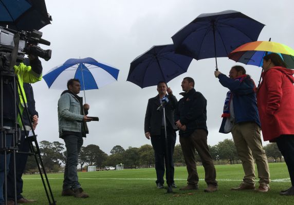 Media interviewing Ballarat Mayor Daniel Moloney, Member for Wendouree Juliana Addison MP, Dave Horwood from Lucas Cricket Club and Sean O'Meara from Victoria Park Football Club 