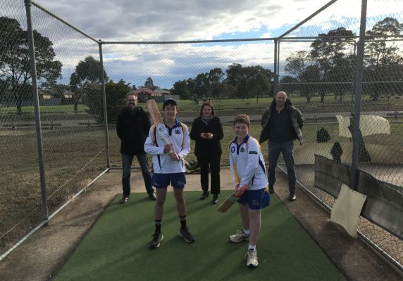 Back, from left: City of Ballarat Cr Ben Taylor, Member for Wendouree Juliana Addison MP, VRI Delacombe CC Junior Coordinator Danyel Attard. Front, from left: Zane Attard and Logan Attard at Doug Dean Reserve cricket nets