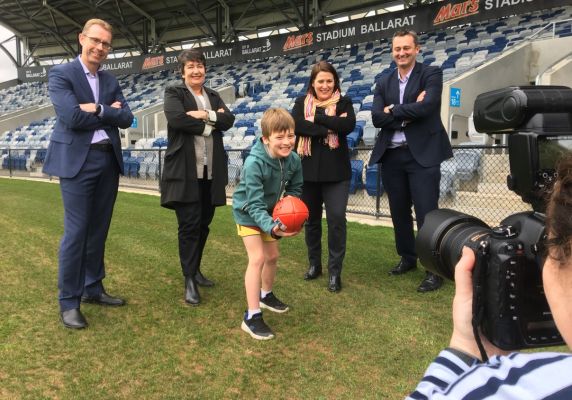 City of Ballarat CEO Evan King, Member for Buninyong Michaela Settle, Member for Wendouree Juliana Addison, Ballarat Mayor Daniel Moloney at Mars Stadium