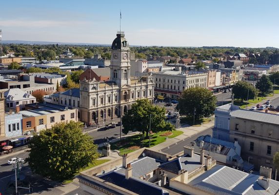 Aerial image of Ballarat Town Hall and Sturt Street 