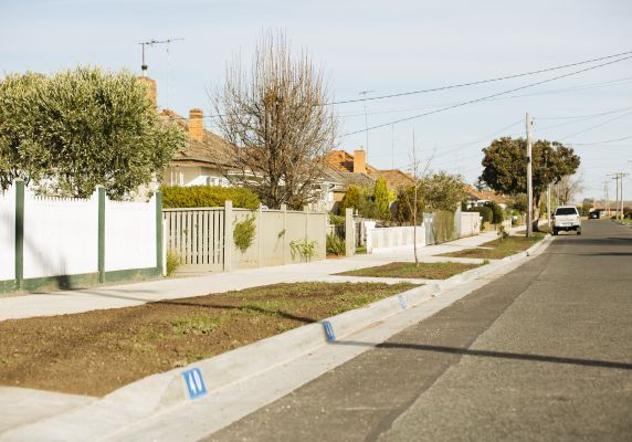 Generic photo street, kerb, fences and trees