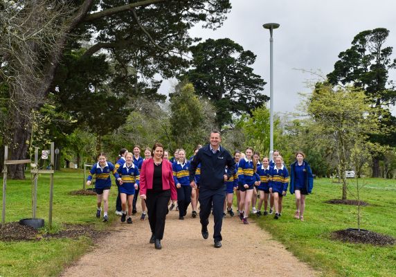 Juliana Addison and City of Ballarat Mayor Daniel Moloney mark the start of lake lighting construction