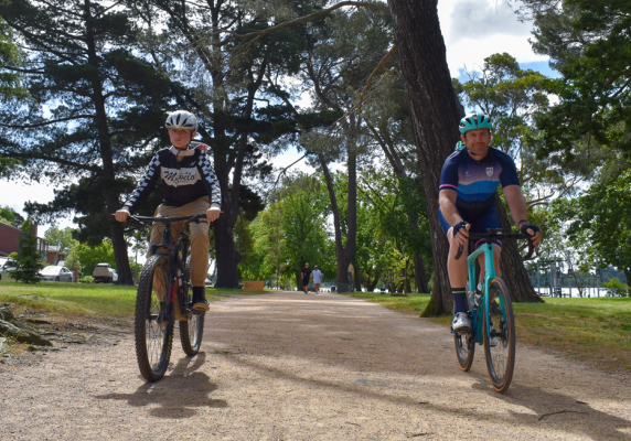 Luke Taylor and his son Alfie Wadling riding around Lake Wendouree