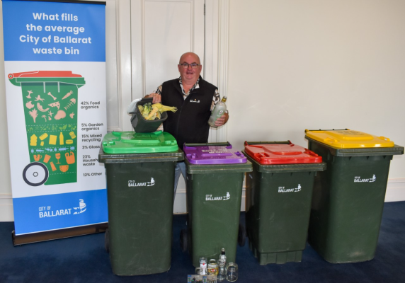 Mayor Cr Des Hudson with four kerbside bins