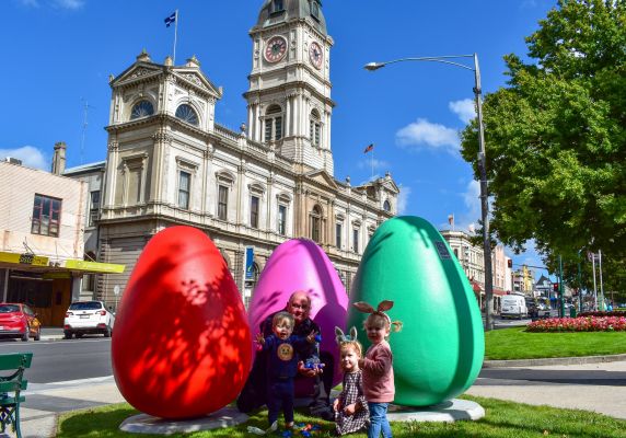 Generic image of giant easter eggs, Town Hall, Mr Mayor and children