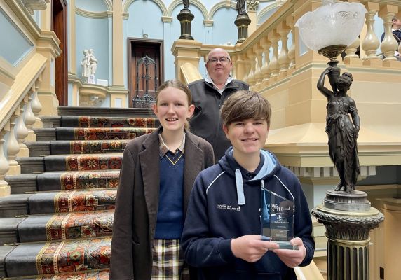 City of Ballarat Mayor, Cr Des Hudson with youth volunteers Shayla Cobbledick and Rohan McMaster