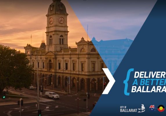 Image of Town Hall with text on right hand side saying delivering a better Ballarat