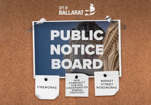 Notice board with Public Notice Board text over an image of Ballarat Town Hall. Three notes underneath with text saying fireworks, new community hub and kindergarten naming proposal, Market Street roadworks