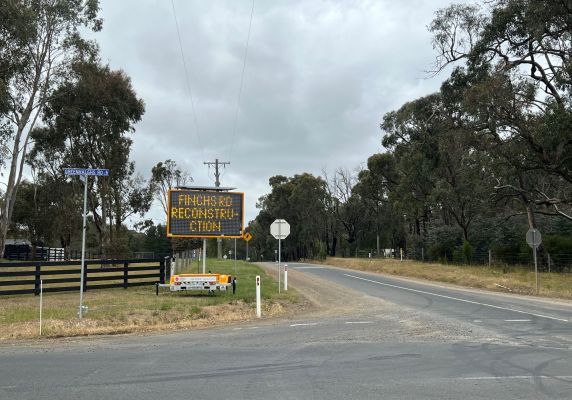 Finchs Road intersection with Video Messaging Sign advising of works.