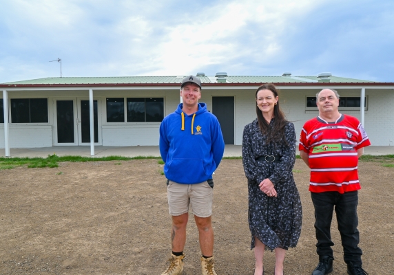 VRI Delacombe Cricket Club president Tom Nicholls, City of Ballarat Mayor Cr Tracey Hargreaves and Ballarat Highlanders Rugby Club president Garry Dixon at the refurbished Doug Dean Reserve changerooms.