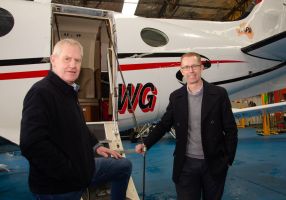 City of Ballarat Airport manager John Hartigan and City of Ballarat CEO Evan King at a hangar at Ballarat Airport  