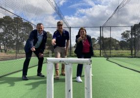 Generic photo cricket nets Mayor Daniel Moloney, cricket player and Juliana Addison