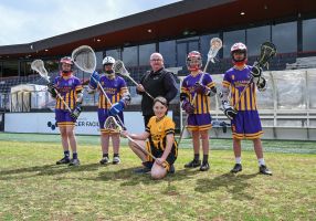 City of Ballarat Mayor Councillor Des Hudson with junior lacrosse players