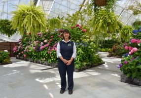 Donna Thomas in the flowers at the Robert Clark Conservatory