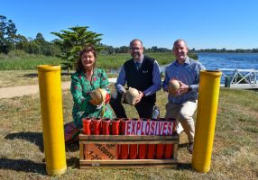 Cr Samantha McIntosh, Acting CEO John Hausler and Matthew Batty from Northern Fireworks with the some fireworks.