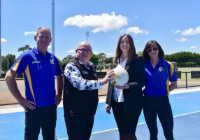 City of Ballarat Mayor, Cr Des Hudson with Member for Ripon, Martha Haylett and Stephen and Allison Griffin from Learmonth Football Netball Club.