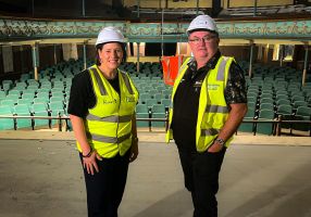 Member for Wendouree, Juliana Addison with City of Ballarat Mayor, Cr Des Hudson on the Her Majesty's Theatre stage. 