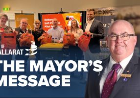 Text with The Mayor's Message with an image of Mayor Cr Des Hudson in front of soft plastics launch