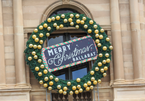Close up of Christmas Wreath on the Ballarat Town Hall